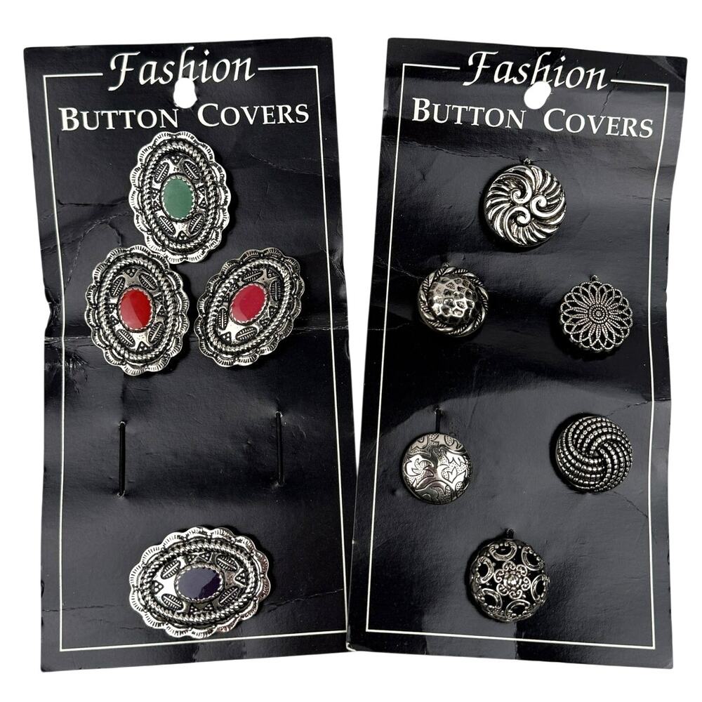 Vintage 90s Silver Tone Button Covers Set Lot Bundle Western Floral Boho